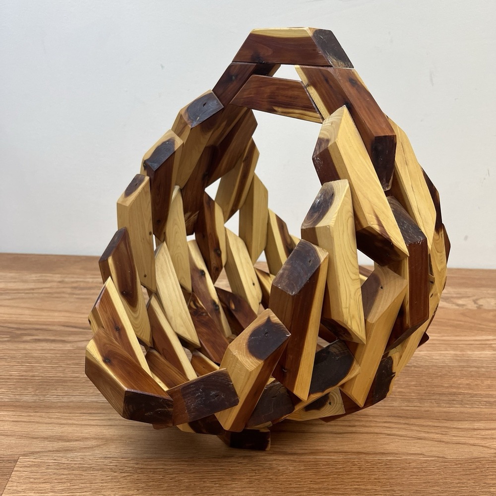 Vintage MCM Geometric Wood Block Fruit Basket Boho Original